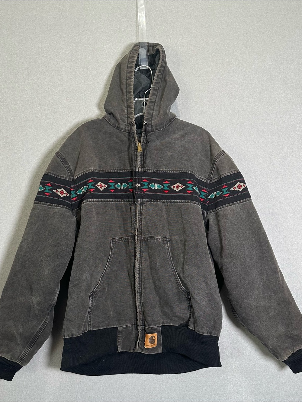 Vintage Carhartt Hooded Aztec Coat Jacket in Washed Gray J78BLK